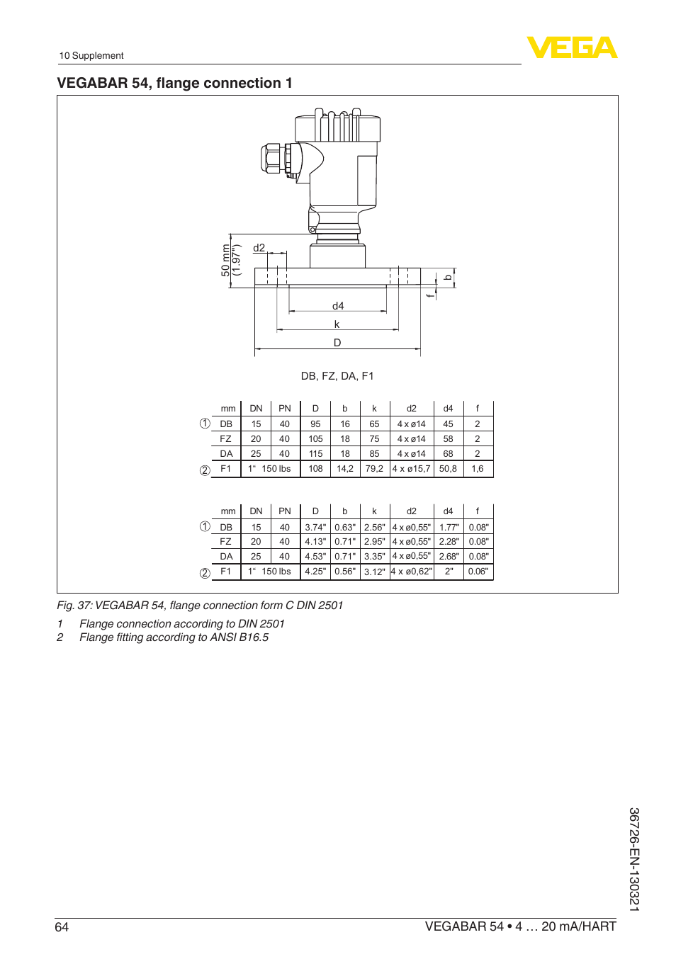 Vegabar 54, flange connection 1 | VEGA VEGABAR 54 4 … 20 mA_HART User Manual | Page 64 / 72