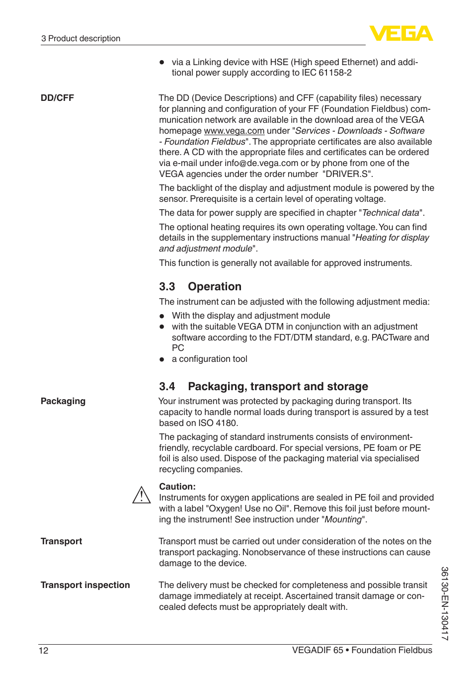 VEGA VEGADIF 65 Foundation Fieldbus User Manual | Page 12 / 96