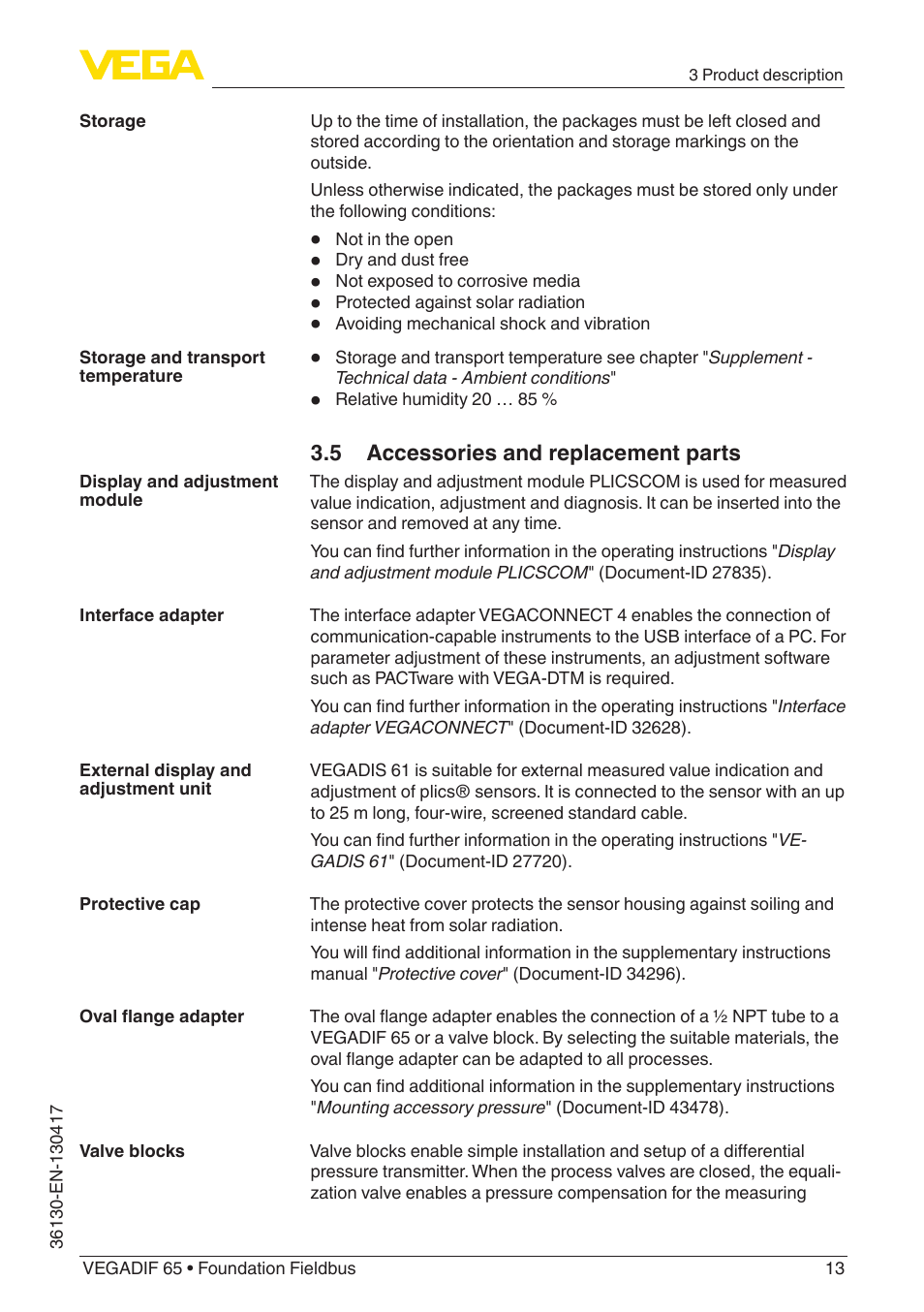 VEGA VEGADIF 65 Foundation Fieldbus User Manual | Page 13 / 96