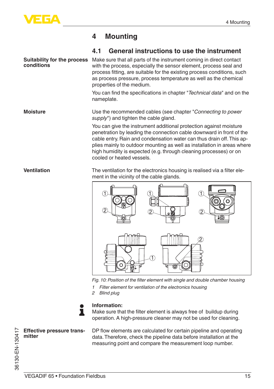 4 mounting, 1 general instructions to use the instrument | VEGA VEGADIF 65 Foundation Fieldbus User Manual | Page 15 / 96