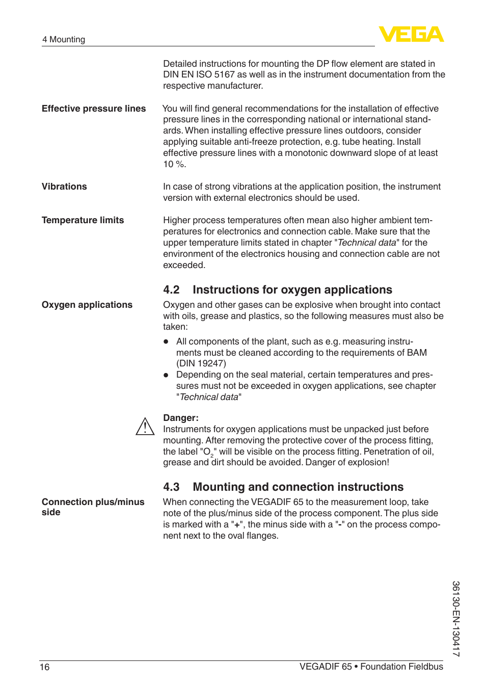 2 instructions for oxygen applications, 3 mounting and connection instructions | VEGA VEGADIF 65 Foundation Fieldbus User Manual | Page 16 / 96