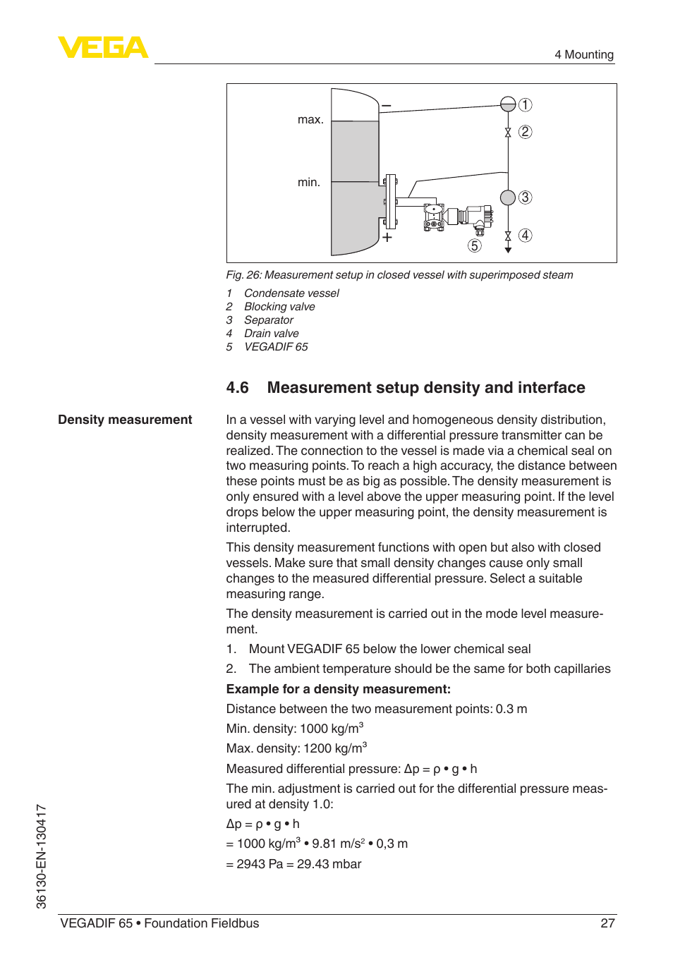 6 measurement setup density and interface | VEGA VEGADIF 65 Foundation Fieldbus User Manual | Page 27 / 96