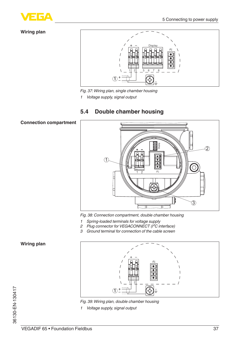 4 double chamber housing, Wiring plan connection compartment wiring plan | VEGA VEGADIF 65 Foundation Fieldbus User Manual | Page 37 / 96