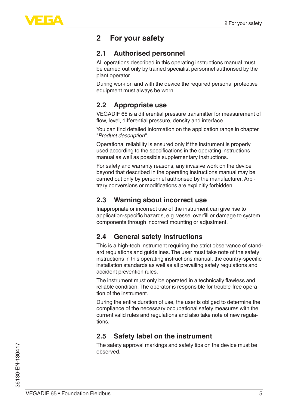 2 for your safety | VEGA VEGADIF 65 Foundation Fieldbus User Manual | Page 5 / 96