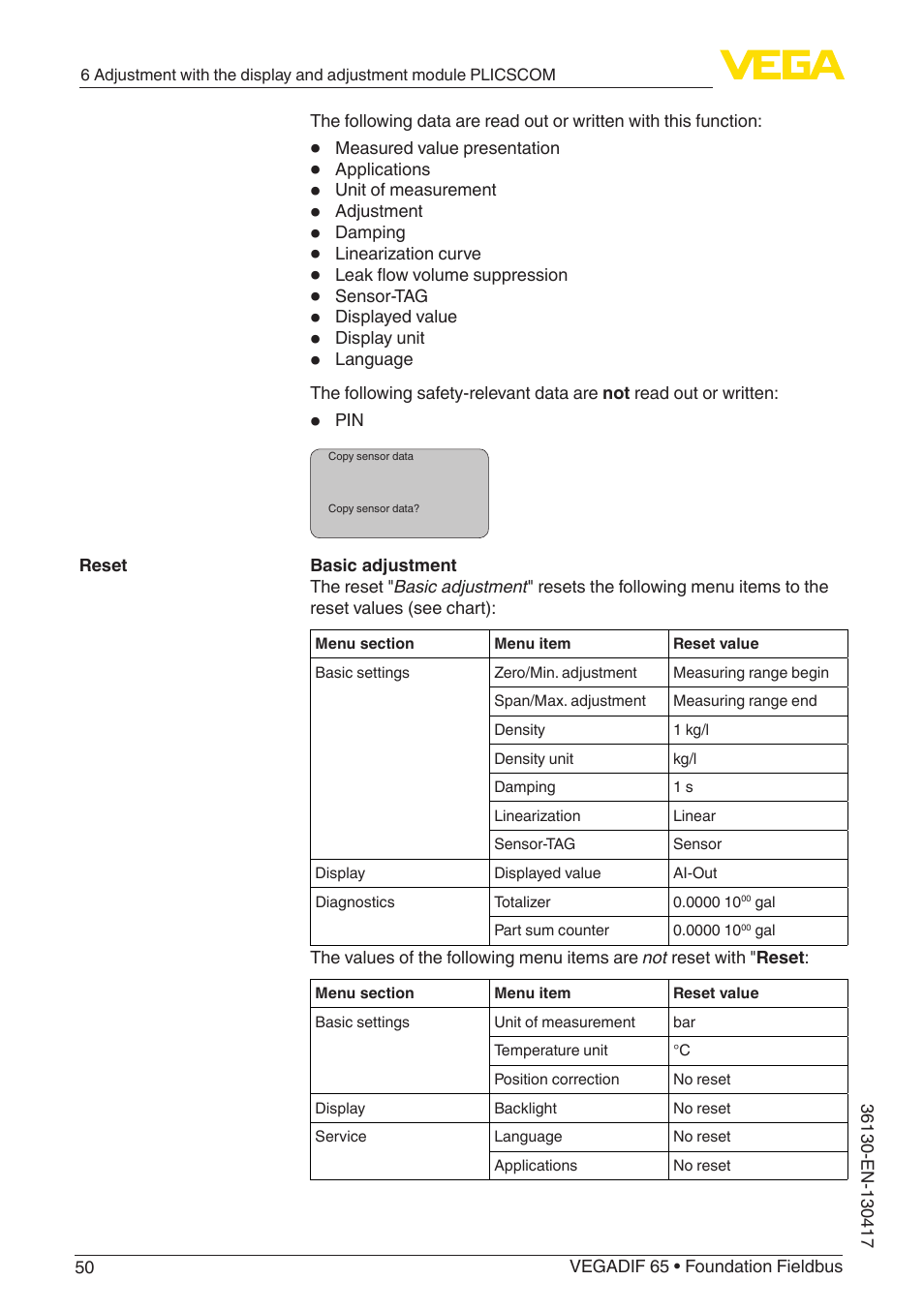 VEGA VEGADIF 65 Foundation Fieldbus User Manual | Page 50 / 96