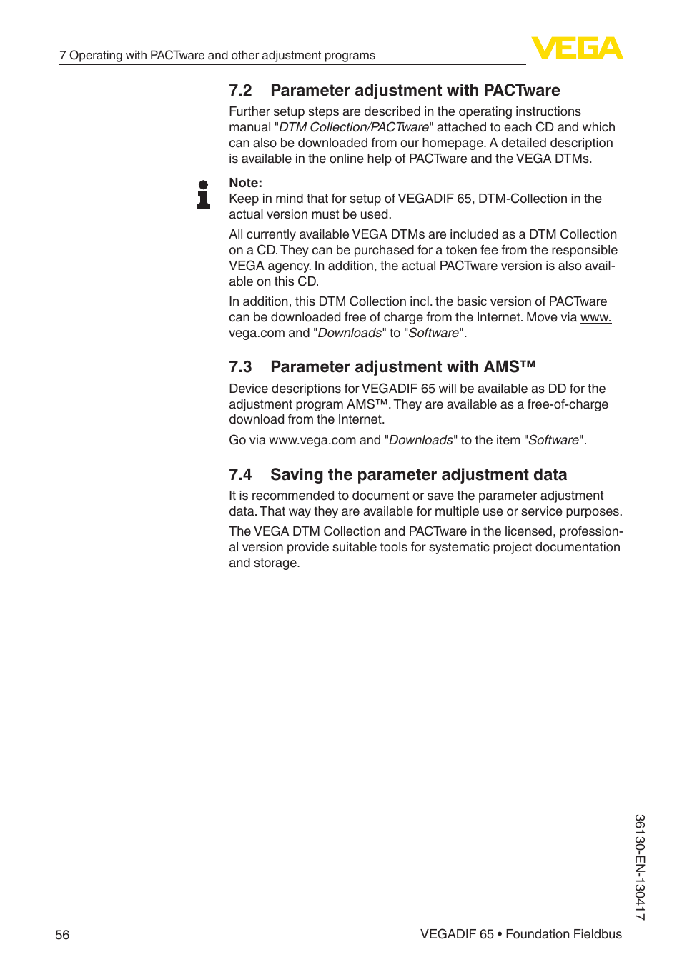2 parameter adjustment with pactware, 3 parameter adjustment with ams, 4 saving the parameter adjustment data | VEGA VEGADIF 65 Foundation Fieldbus User Manual | Page 56 / 96