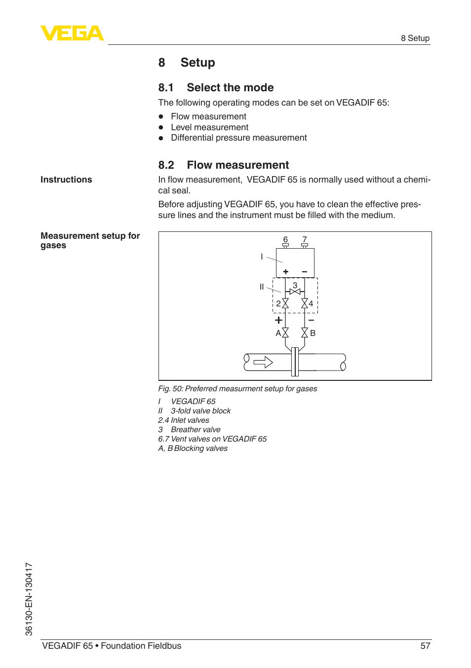 8 setup, 1 select the mode, 2 flow measurement | VEGA VEGADIF 65 Foundation Fieldbus User Manual | Page 57 / 96