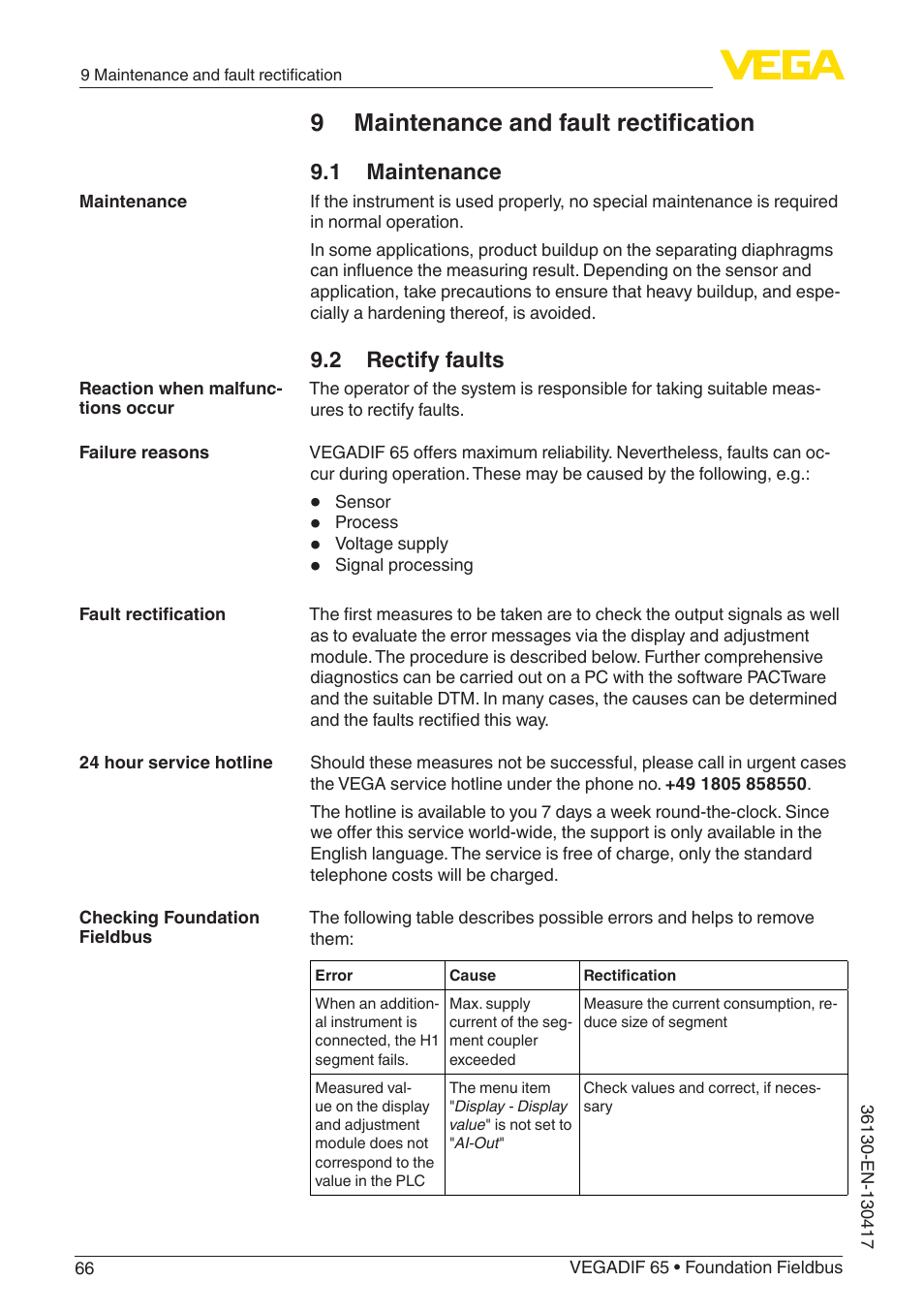 9 maintenance and fault rectification, 1 maintenance, 2 rectify faults | VEGA VEGADIF 65 Foundation Fieldbus User Manual | Page 66 / 96