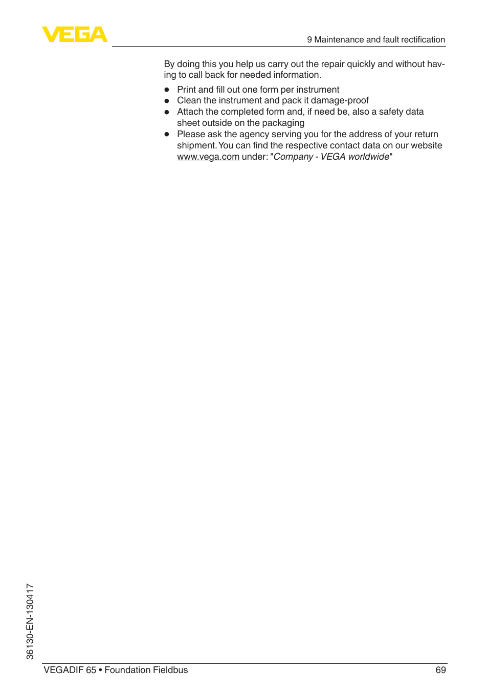 VEGA VEGADIF 65 Foundation Fieldbus User Manual | Page 69 / 96