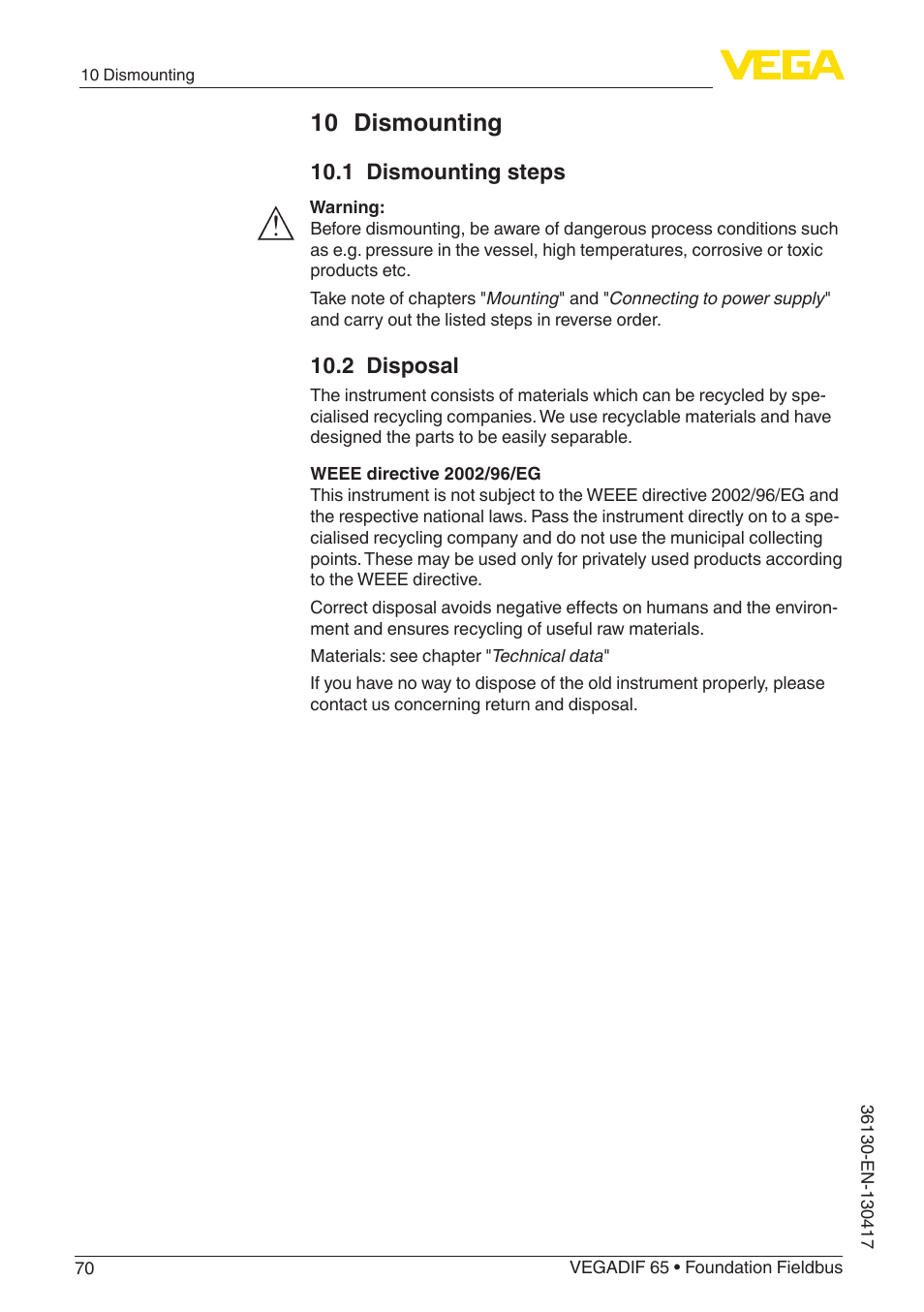 10 dismounting | VEGA VEGADIF 65 Foundation Fieldbus User Manual | Page 70 / 96