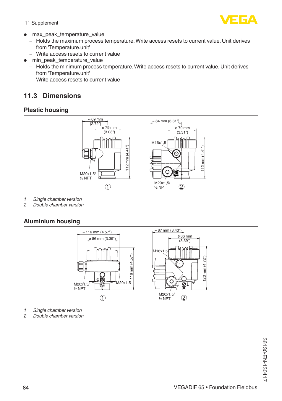 3 dimensions, Plastic housing, Aluminium housing | VEGA VEGADIF 65 Foundation Fieldbus User Manual | Page 84 / 96