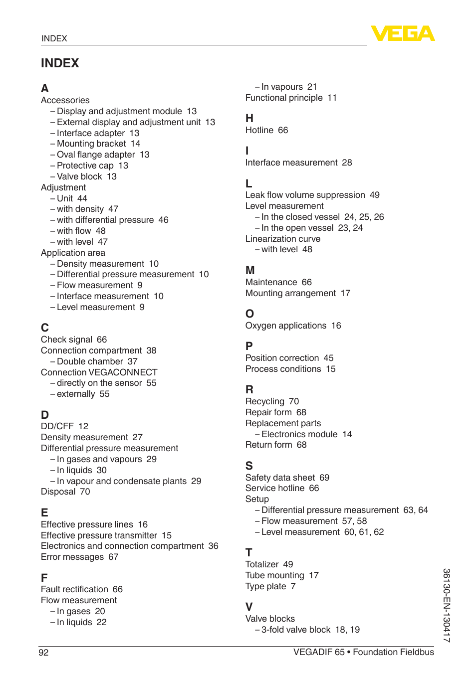 Index | VEGA VEGADIF 65 Foundation Fieldbus User Manual | Page 92 / 96