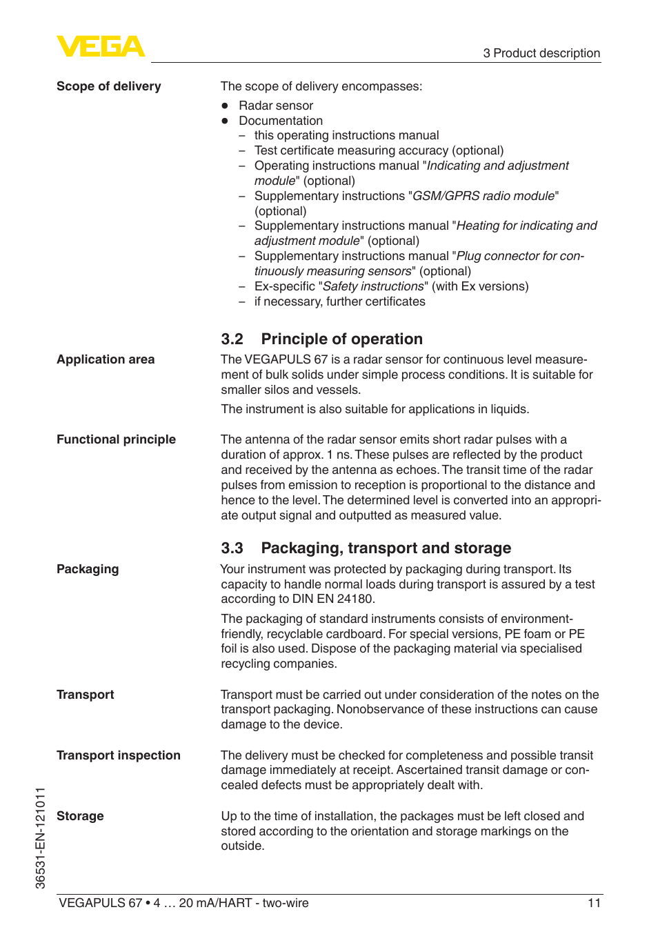 2 principle of operation, 3 packaging, transport and storage | VEGA VEGAPULS 67 (≥ 2.0.0 - ≥ 4.0.0) 4 … 20 mA_HART - two-wire User Manual | Page 11 / 80