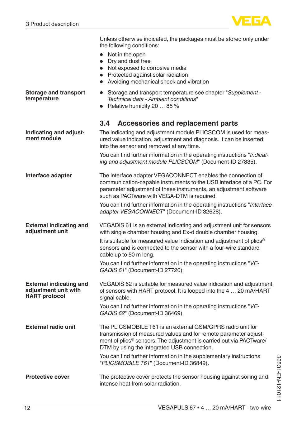 4 accessories and replacement parts | VEGA VEGAPULS 67 (≥ 2.0.0 - ≥ 4.0.0) 4 … 20 mA_HART - two-wire User Manual | Page 12 / 80