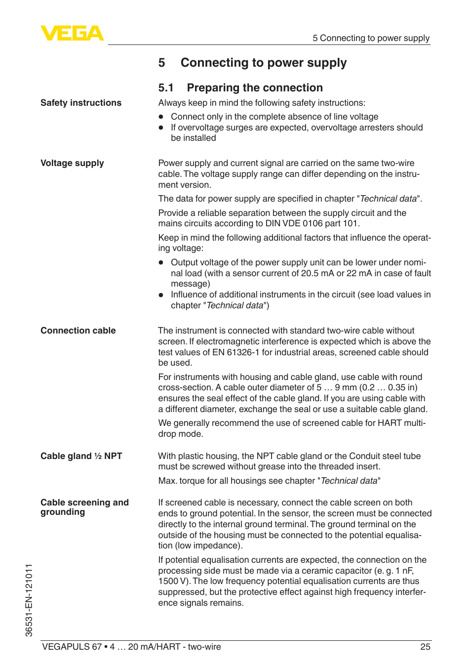 5 connecting to power supply, 1 preparing the connection | VEGA VEGAPULS 67 (≥ 2.0.0 - ≥ 4.0.0) 4 … 20 mA_HART - two-wire User Manual | Page 25 / 80