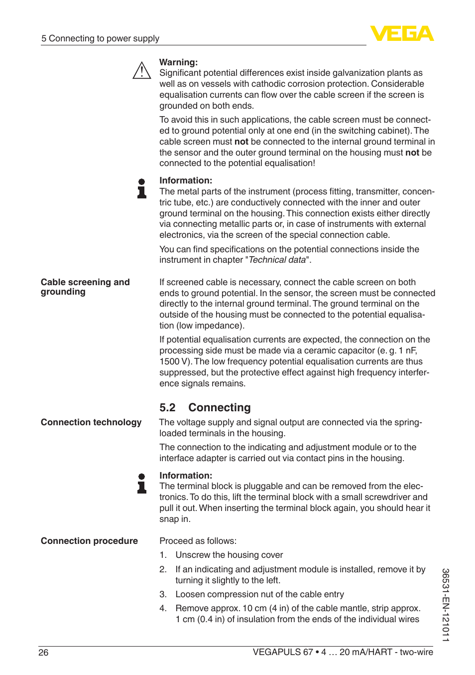 2 connecting | VEGA VEGAPULS 67 (≥ 2.0.0 - ≥ 4.0.0) 4 … 20 mA_HART - two-wire User Manual | Page 26 / 80