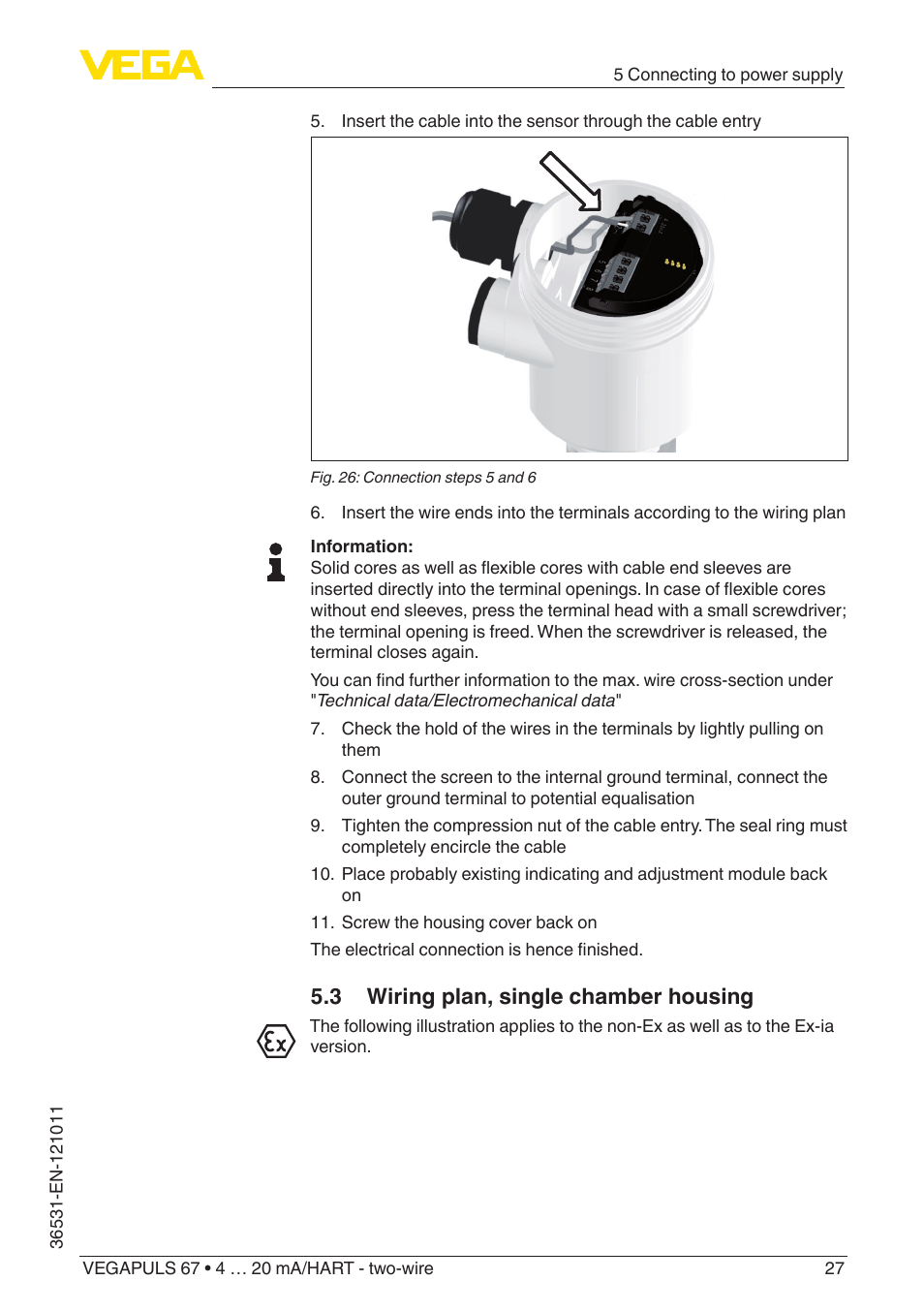 3 wiring plan, single chamber housing | VEGA VEGAPULS 67 (≥ 2.0.0 - ≥ 4.0.0) 4 … 20 mA_HART - two-wire User Manual | Page 27 / 80