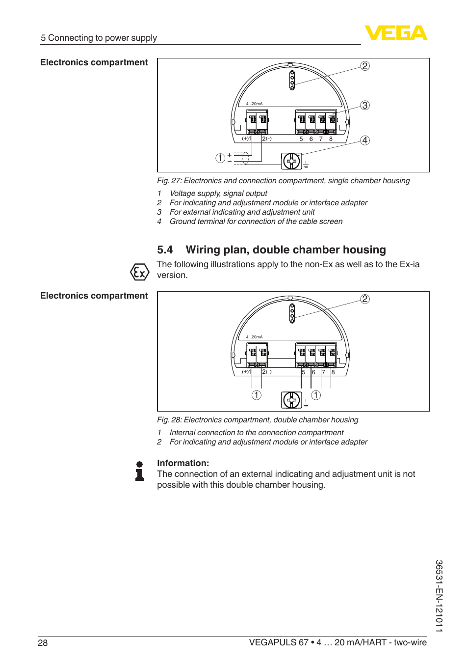 4 wiring plan, double chamber housing | VEGA VEGAPULS 67 (≥ 2.0.0 - ≥ 4.0.0) 4 … 20 mA_HART - two-wire User Manual | Page 28 / 80