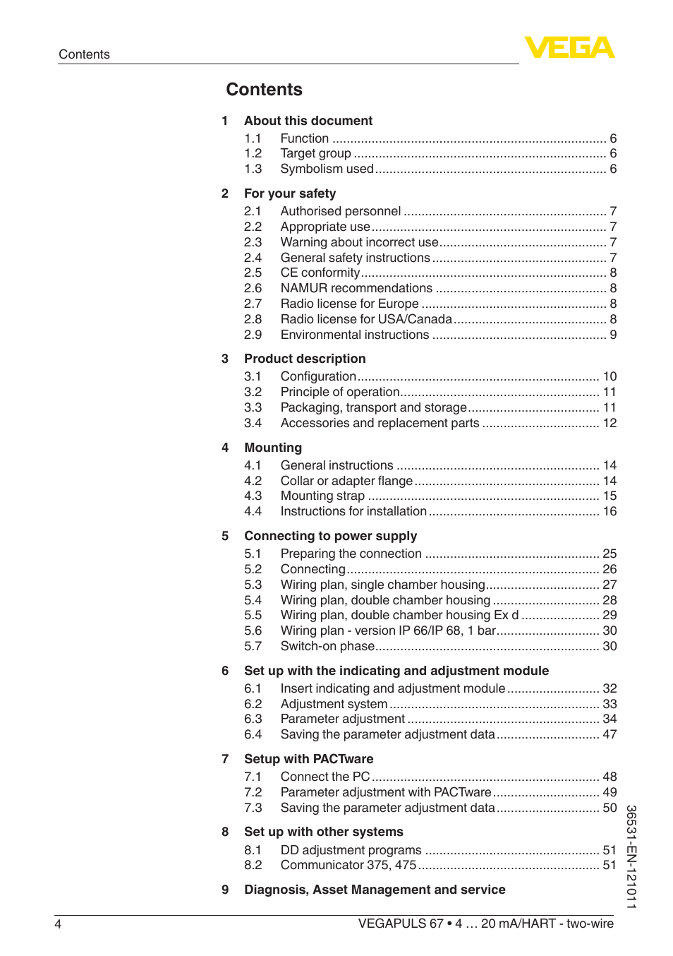 VEGA VEGAPULS 67 (≥ 2.0.0 - ≥ 4.0.0) 4 … 20 mA_HART - two-wire User Manual | Page 4 / 80