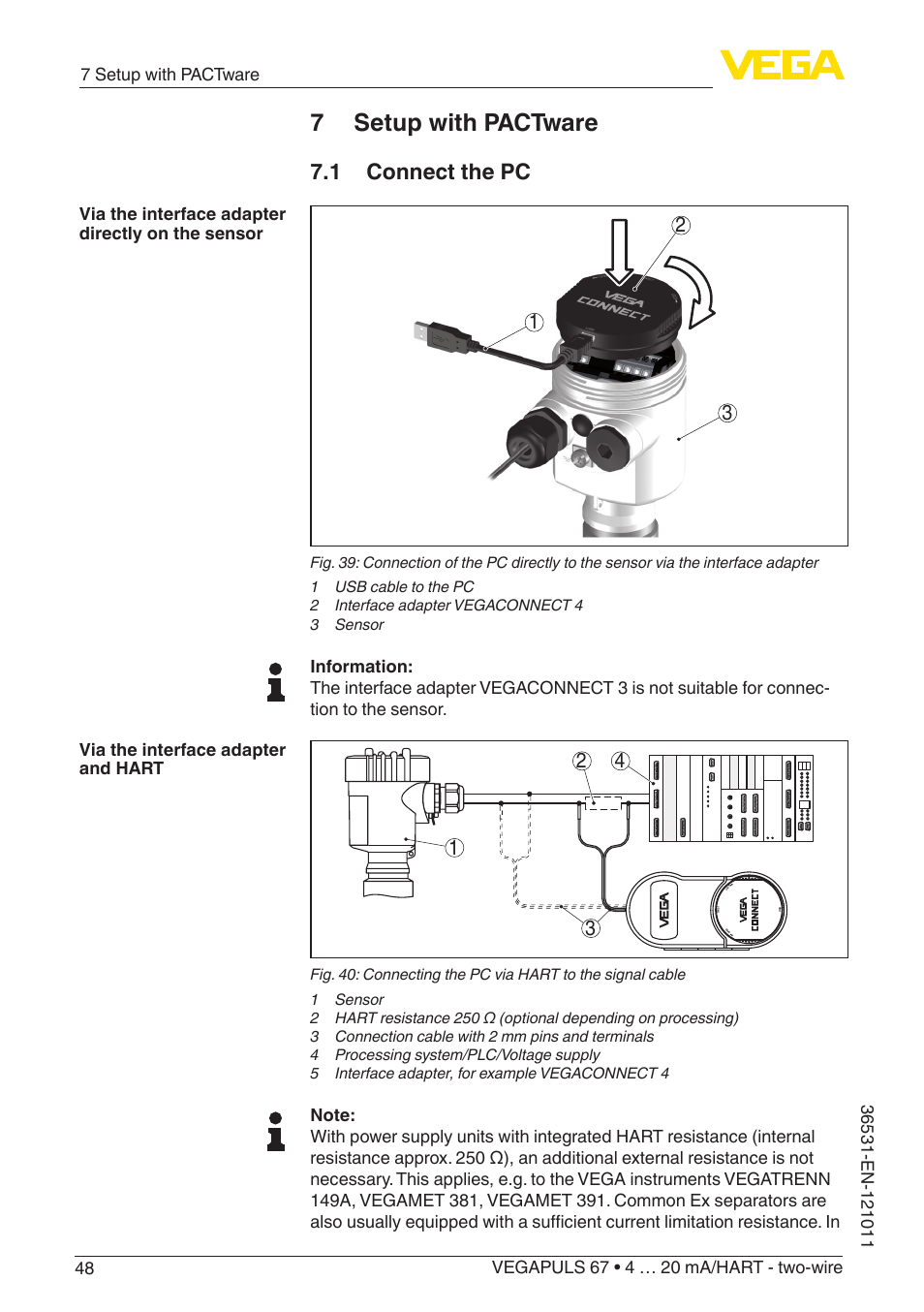 7 setup with pactware, 1 connect the pc | VEGA VEGAPULS 67 (≥ 2.0.0 - ≥ 4.0.0) 4 … 20 mA_HART - two-wire User Manual | Page 48 / 80