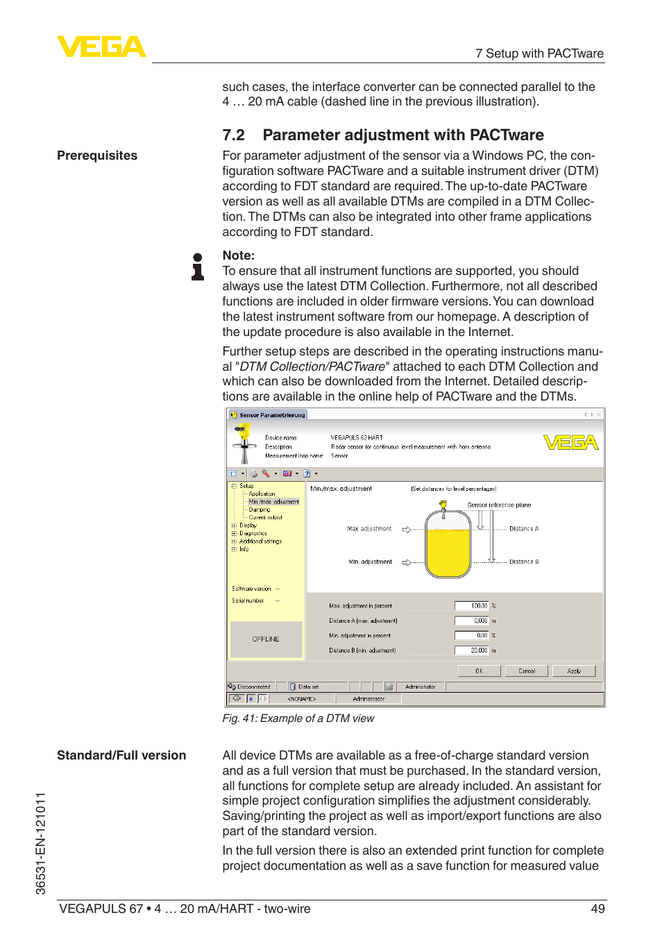 2 parameter adjustment with pactware | VEGA VEGAPULS 67 (≥ 2.0.0 - ≥ 4.0.0) 4 … 20 mA_HART - two-wire User Manual | Page 49 / 80