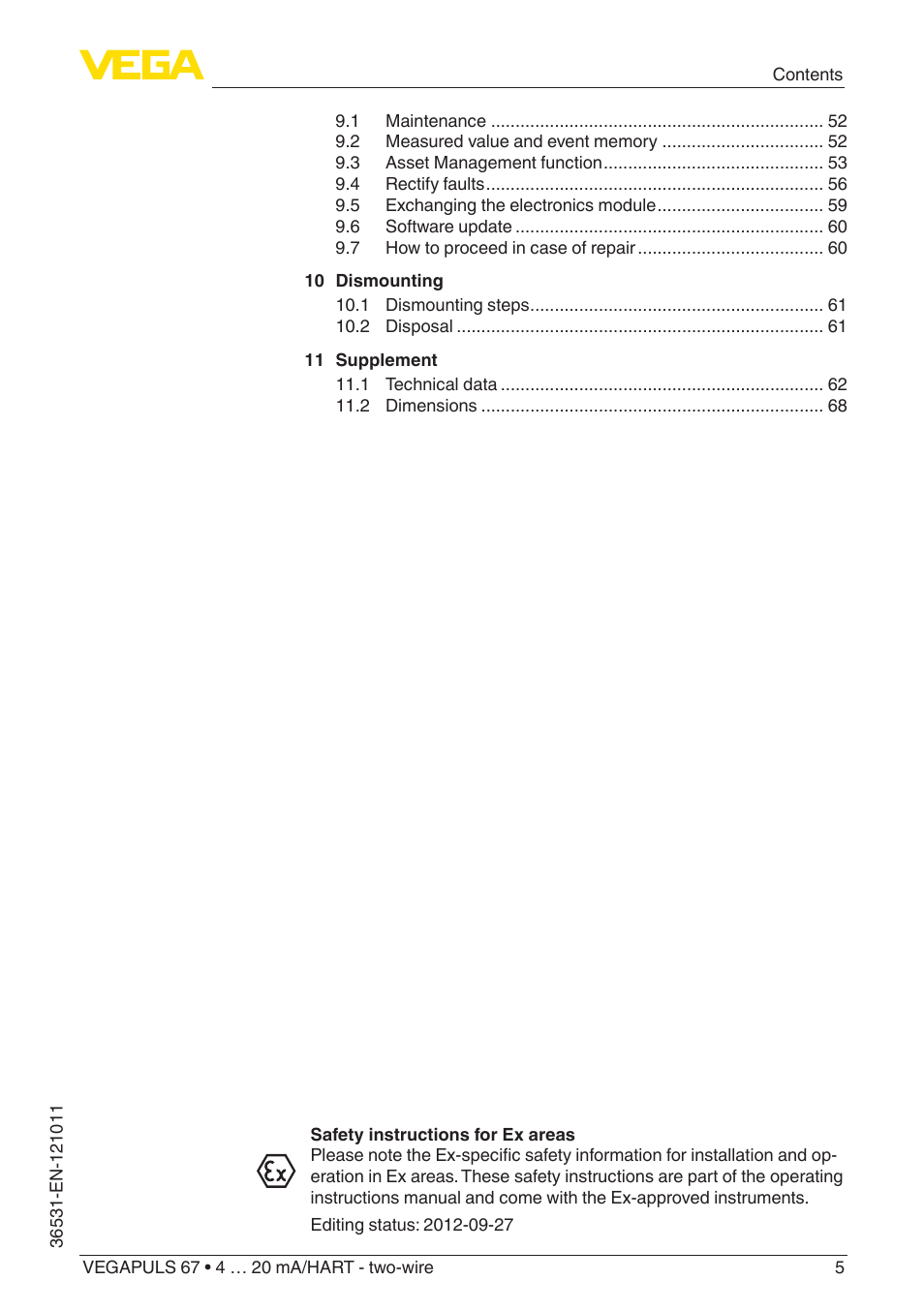 VEGA VEGAPULS 67 (≥ 2.0.0 - ≥ 4.0.0) 4 … 20 mA_HART - two-wire User Manual | Page 5 / 80