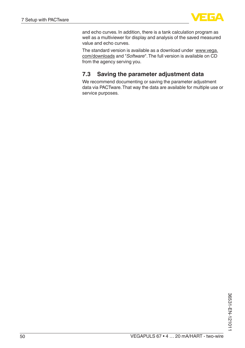 3 saving the parameter adjustment data | VEGA VEGAPULS 67 (≥ 2.0.0 - ≥ 4.0.0) 4 … 20 mA_HART - two-wire User Manual | Page 50 / 80