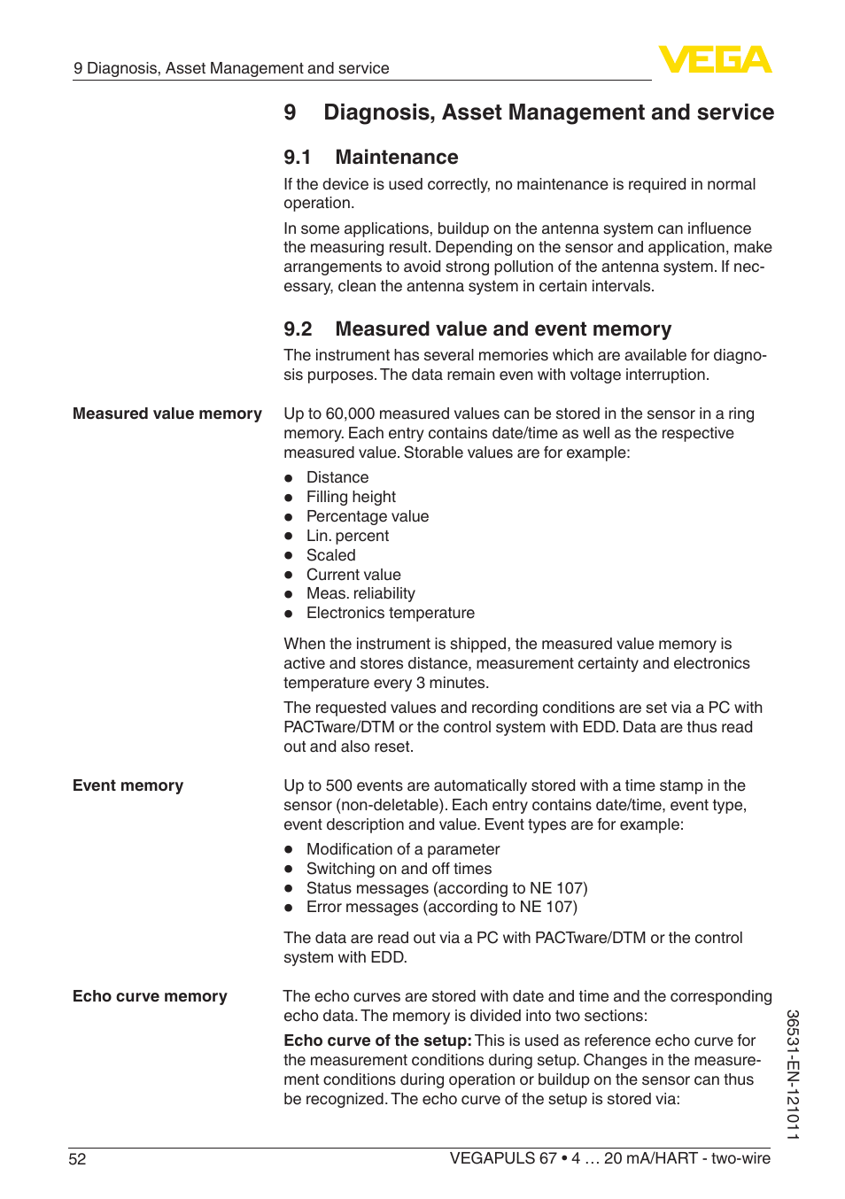 9 diagnosis, asset management and service, 1 maintenance, 2 measured value and event memory | VEGA VEGAPULS 67 (≥ 2.0.0 - ≥ 4.0.0) 4 … 20 mA_HART - two-wire User Manual | Page 52 / 80
