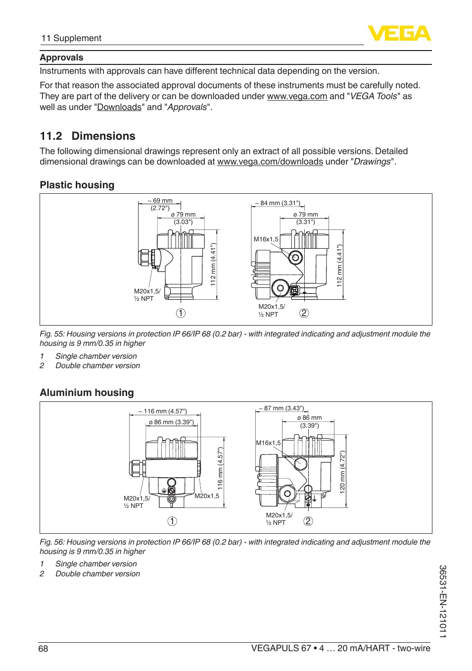 2 dimensions, Plastic housing, Aluminium housing | VEGA VEGAPULS 67 (≥ 2.0.0 - ≥ 4.0.0) 4 … 20 mA_HART - two-wire User Manual | Page 68 / 80