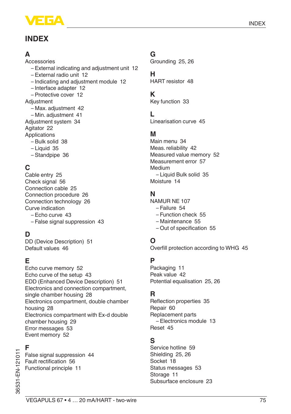 Index | VEGA VEGAPULS 67 (≥ 2.0.0 - ≥ 4.0.0) 4 … 20 mA_HART - two-wire User Manual | Page 75 / 80