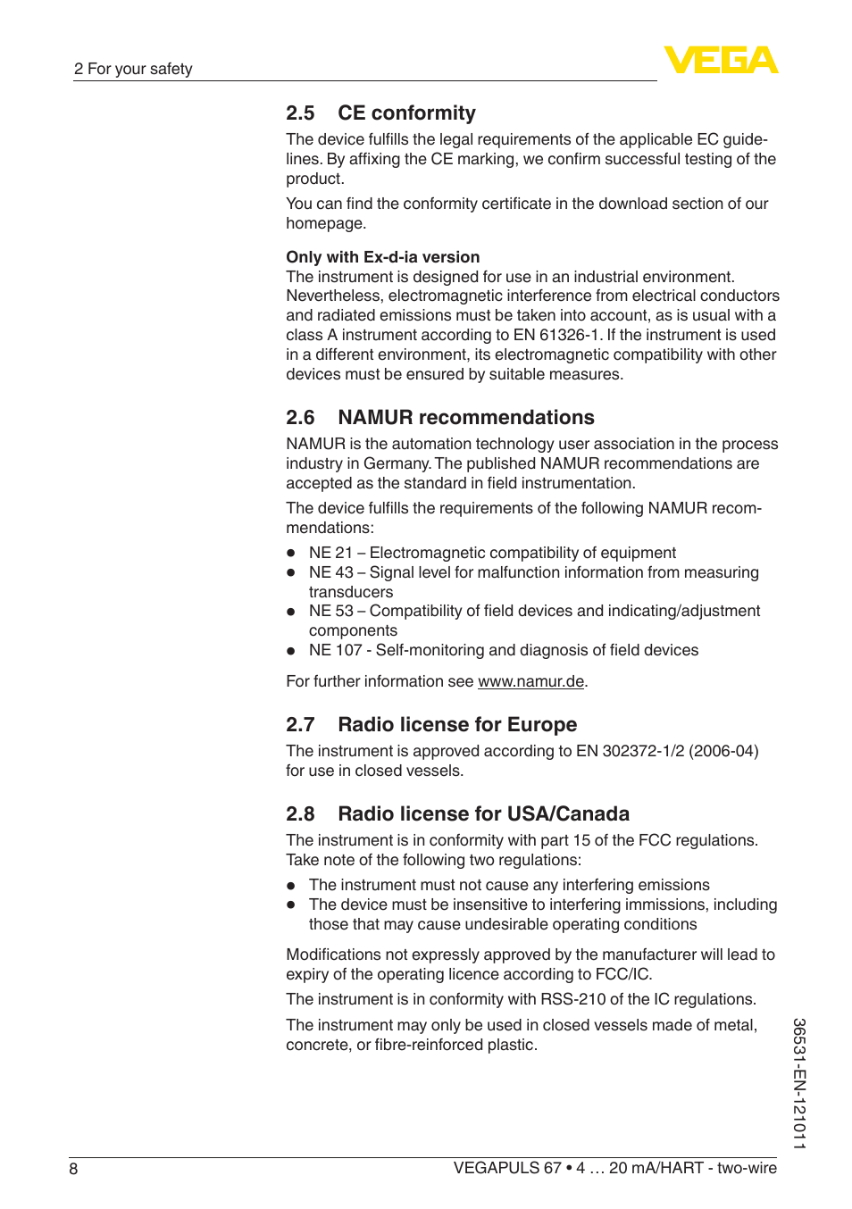 5 ce conformity, 6 namur recommendations, 7 radio license for europe | 8 radio license for usa/canada | VEGA VEGAPULS 67 (≥ 2.0.0 - ≥ 4.0.0) 4 … 20 mA_HART - two-wire User Manual | Page 8 / 80