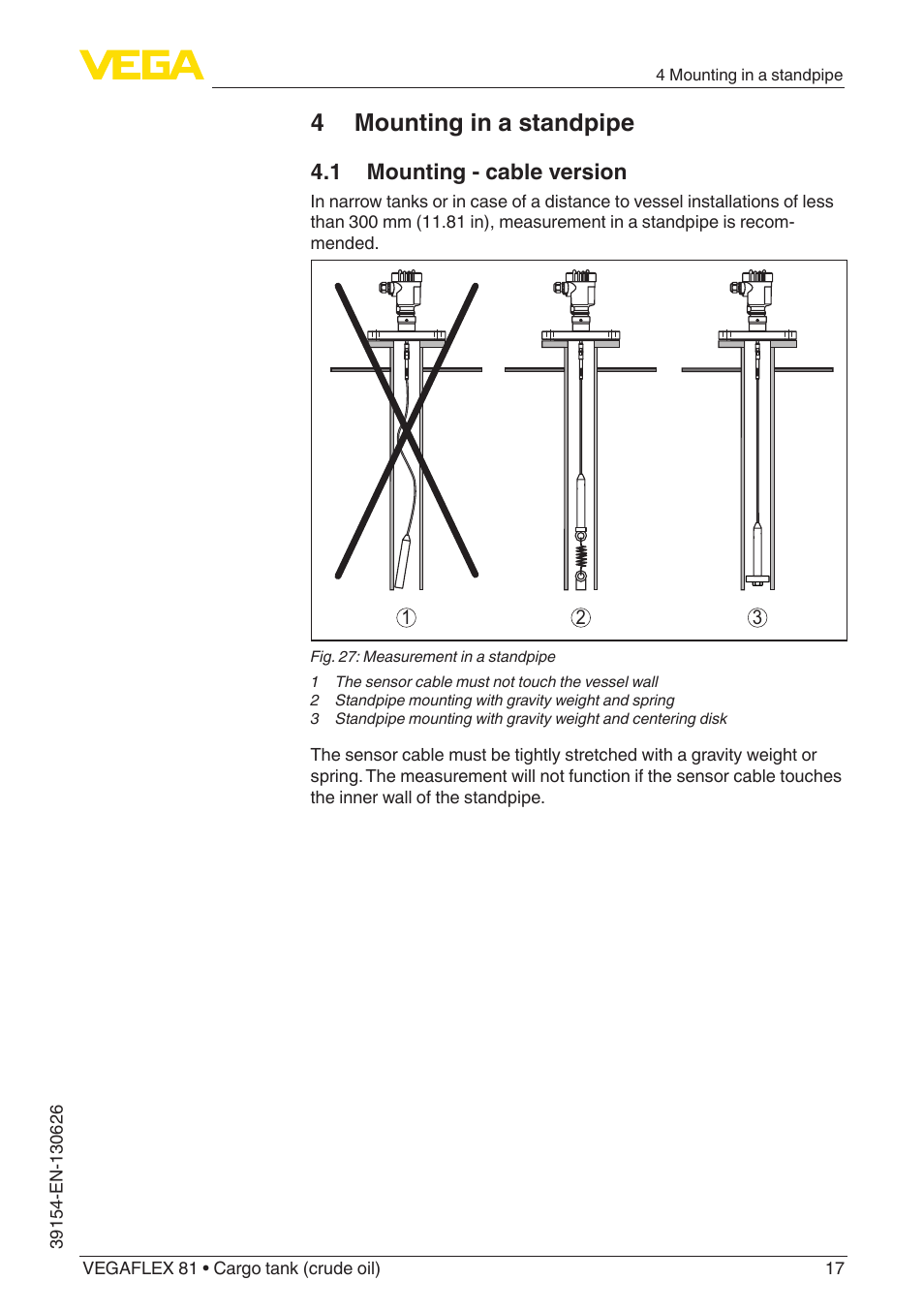 4 mounting in a standpipe, 1 mounting - cable version | VEGA VEGAFLEX 81 Ship-building User Manual | Page 17 / 20