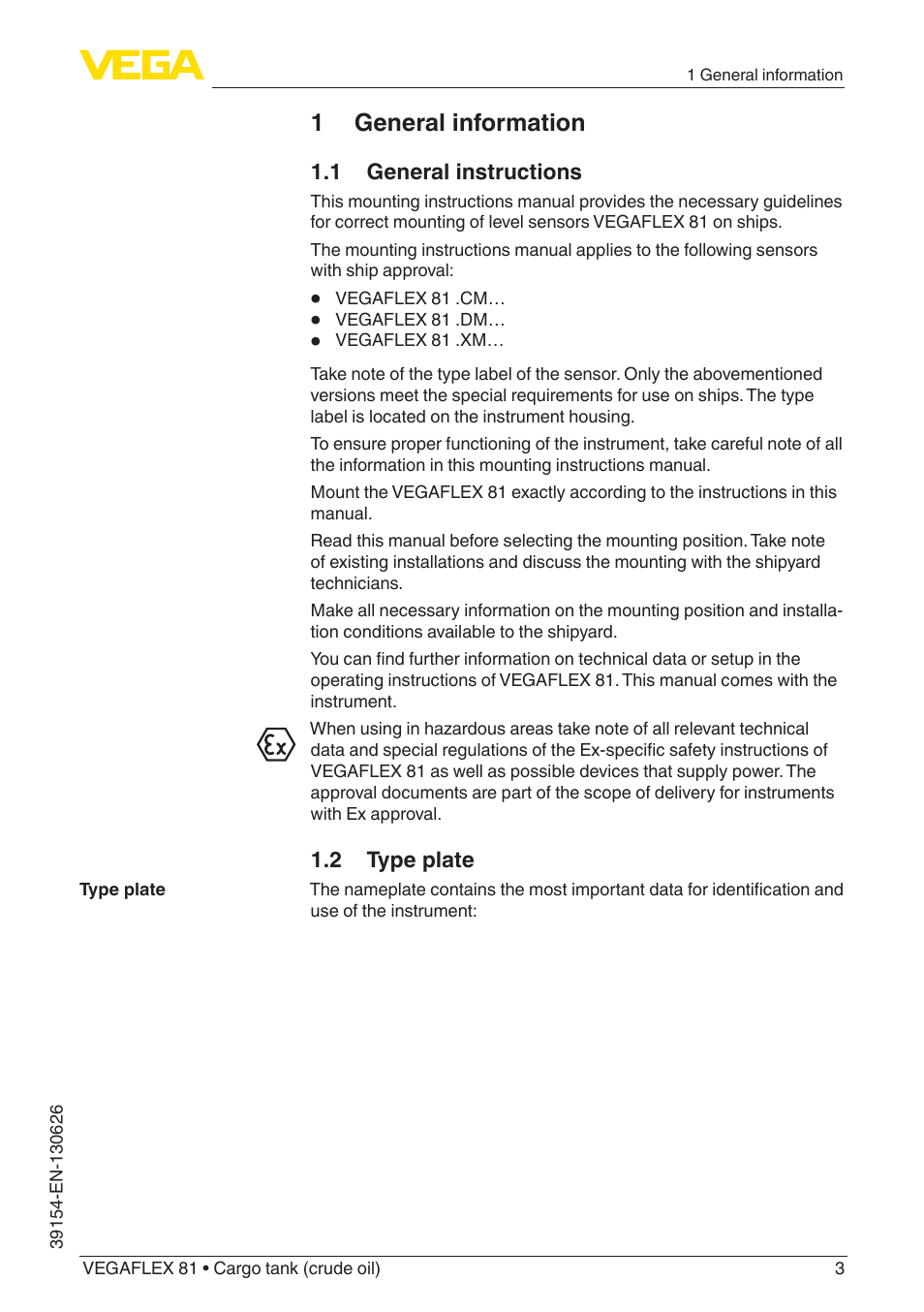 1 general information, 1 general instructions, 2 type plate | VEGA VEGAFLEX 81 Ship-building User Manual | Page 3 / 20