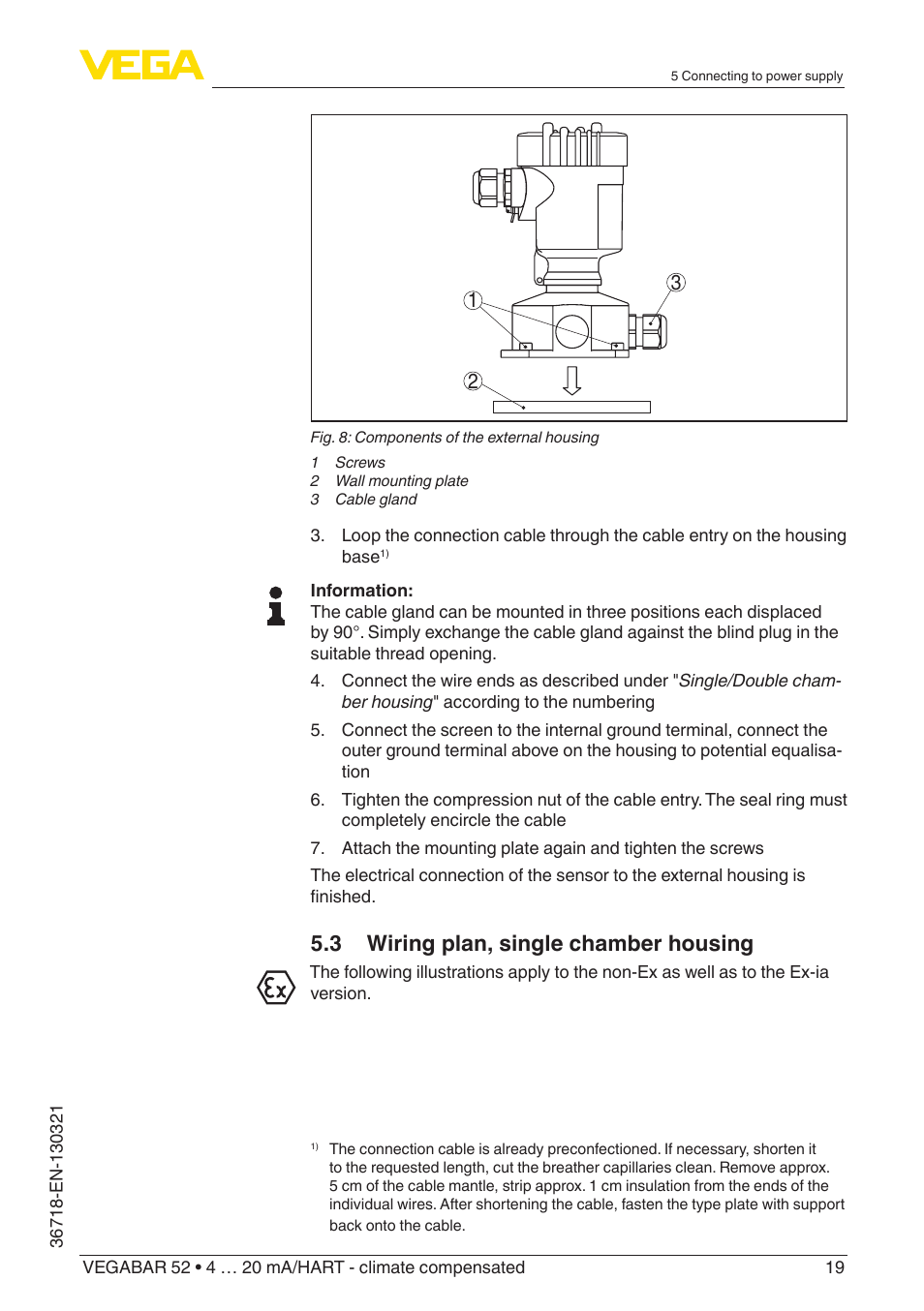 3 wiring plan, single chamber housing | VEGA VEGABAR 52 4 … 20 mA_HART - climate compensated User Manual | Page 19 / 76