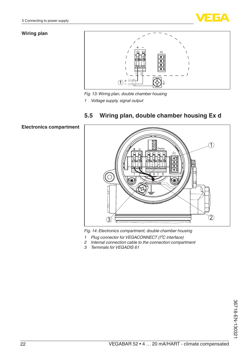 5 wiring plan, double chamber housing ex d 1 3 2 | VEGA VEGABAR 52 4 … 20 mA_HART - climate compensated User Manual | Page 22 / 76