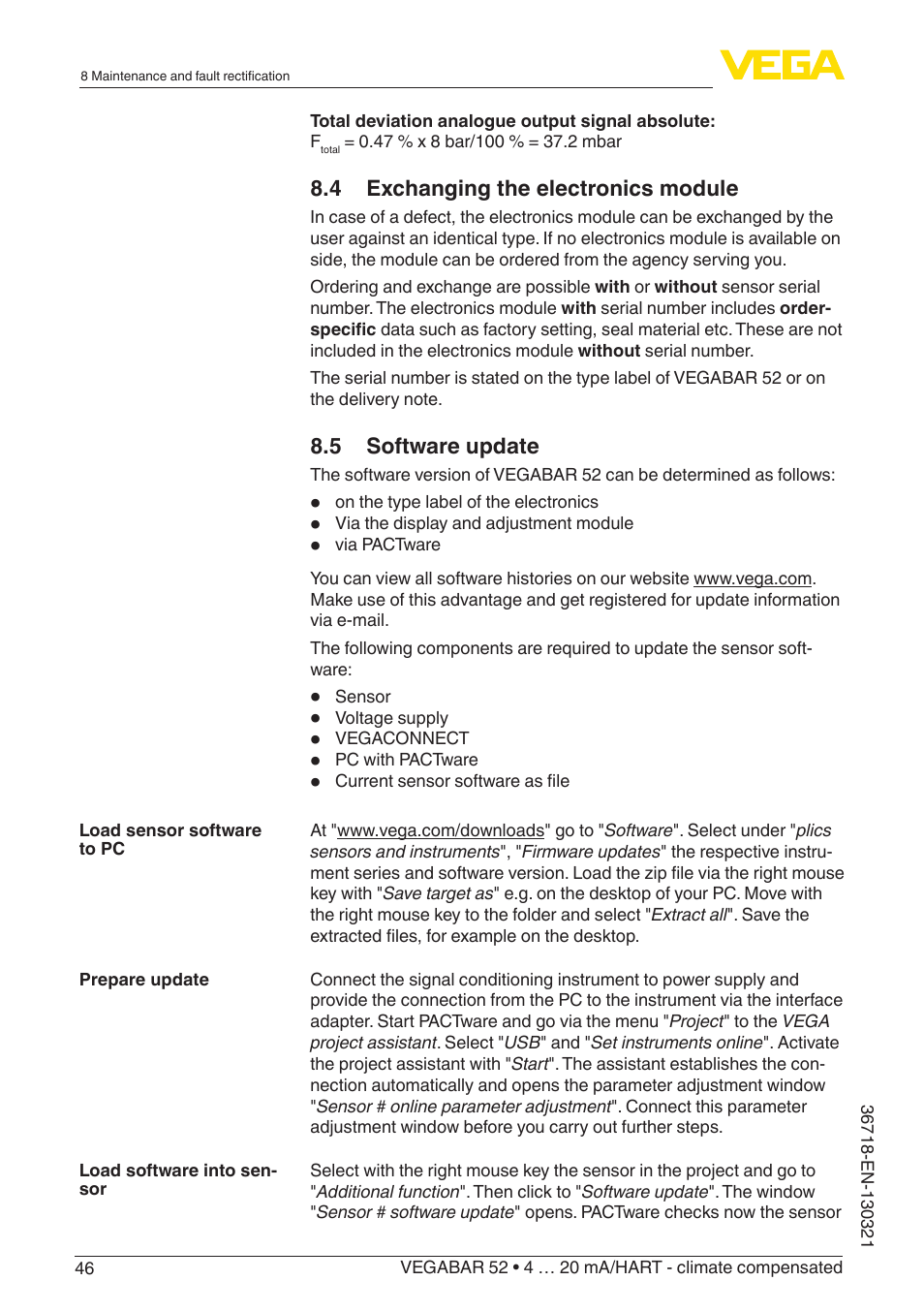 VEGA VEGABAR 52 4 … 20 mA_HART - climate compensated User Manual | Page 46 / 76