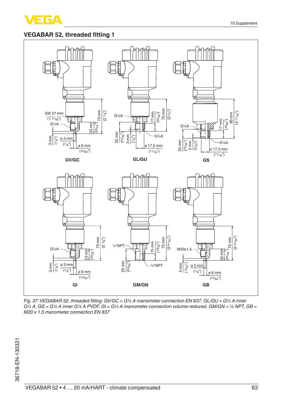 Vegabar 52, threaded fitting 1, Gi gm/gn gv/gc gb gs gl/gu | VEGA VEGABAR 52 4 … 20 mA_HART - climate compensated User Manual | Page 63 / 76