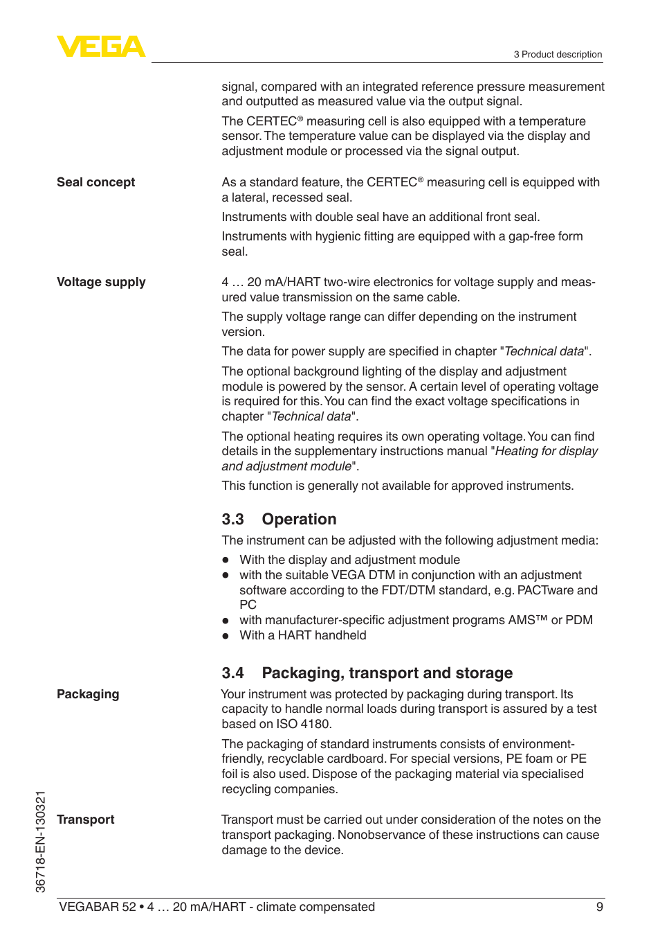 3 operation, 4 packaging, transport and storage | VEGA VEGABAR 52 4 … 20 mA_HART - climate compensated User Manual | Page 9 / 76