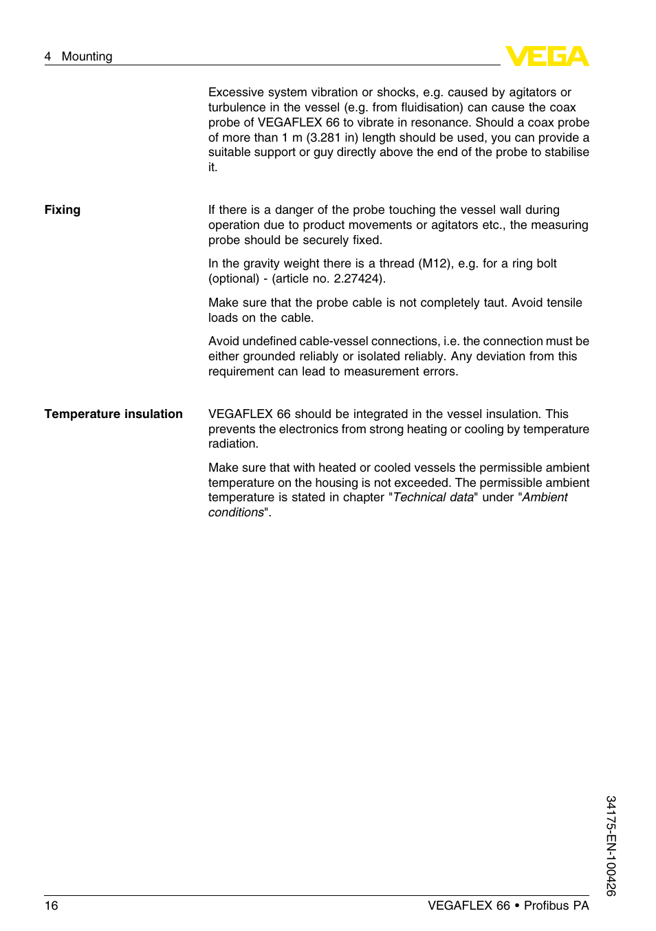 VEGA VEGAFLEX 66 (-200…+400°C) Profibus PA User Manual | Page 16 / 68