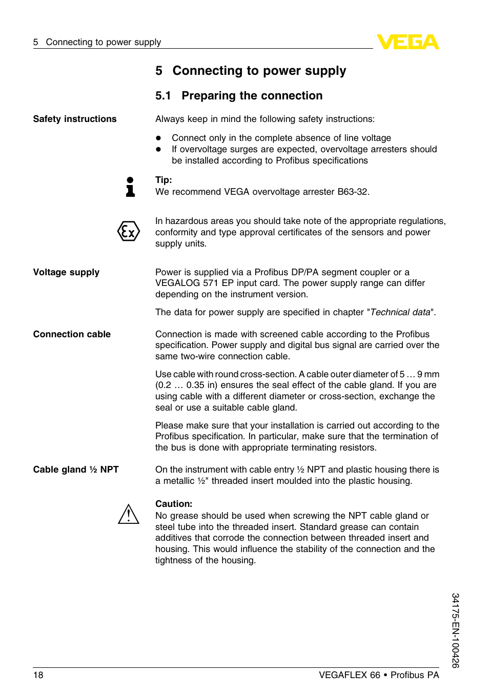 5 connecting to power supply, 1 preparing the connection | VEGA VEGAFLEX 66 (-200…+400°C) Profibus PA User Manual | Page 18 / 68