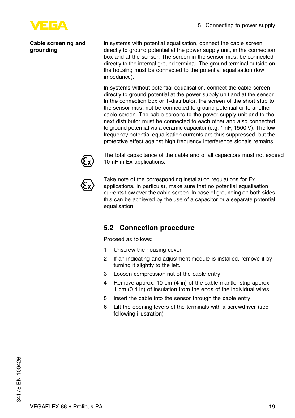 2 connection procedure | VEGA VEGAFLEX 66 (-200…+400°C) Profibus PA User Manual | Page 19 / 68