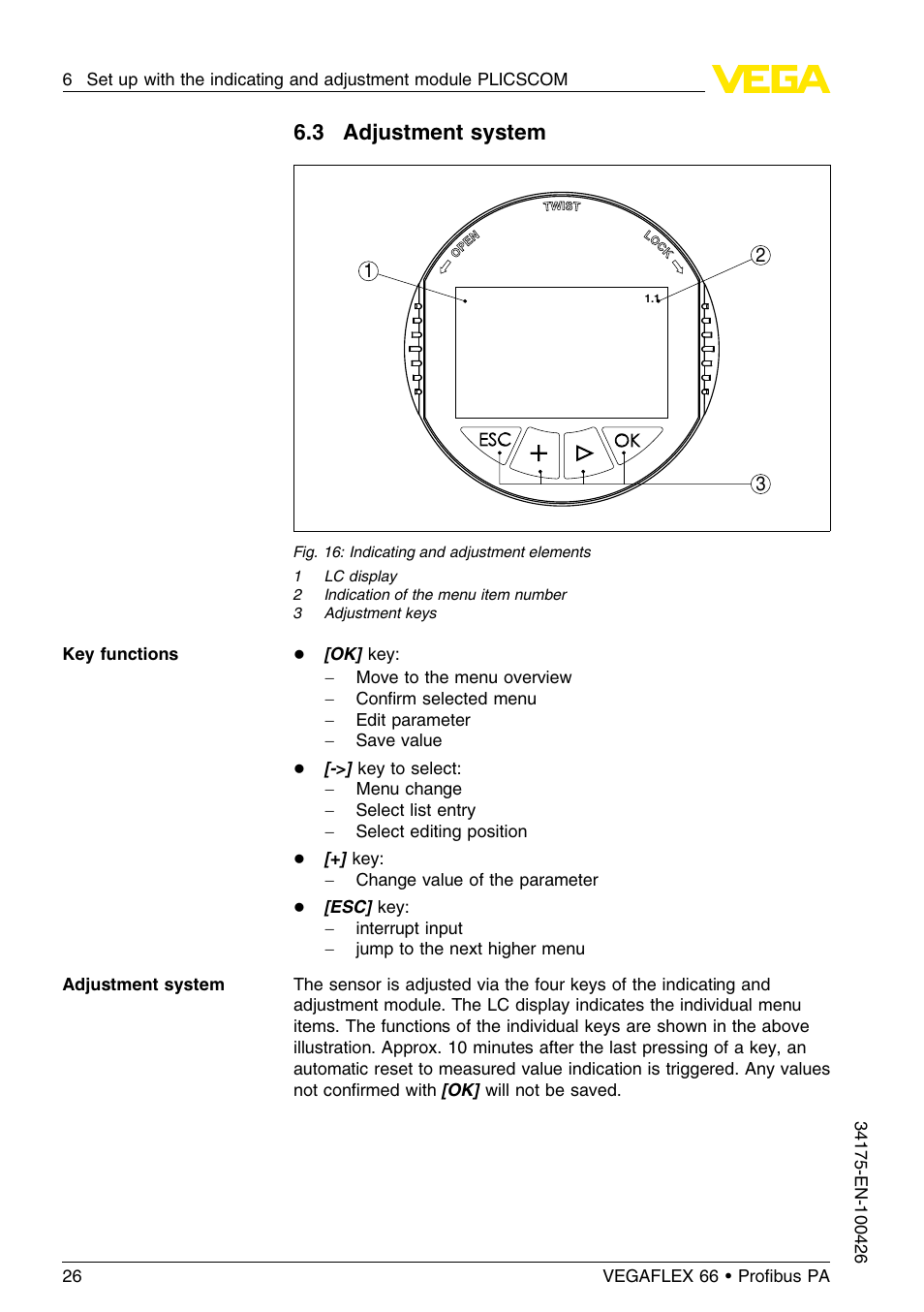 3 adjustment system | VEGA VEGAFLEX 66 (-200…+400°C) Profibus PA User Manual | Page 26 / 68