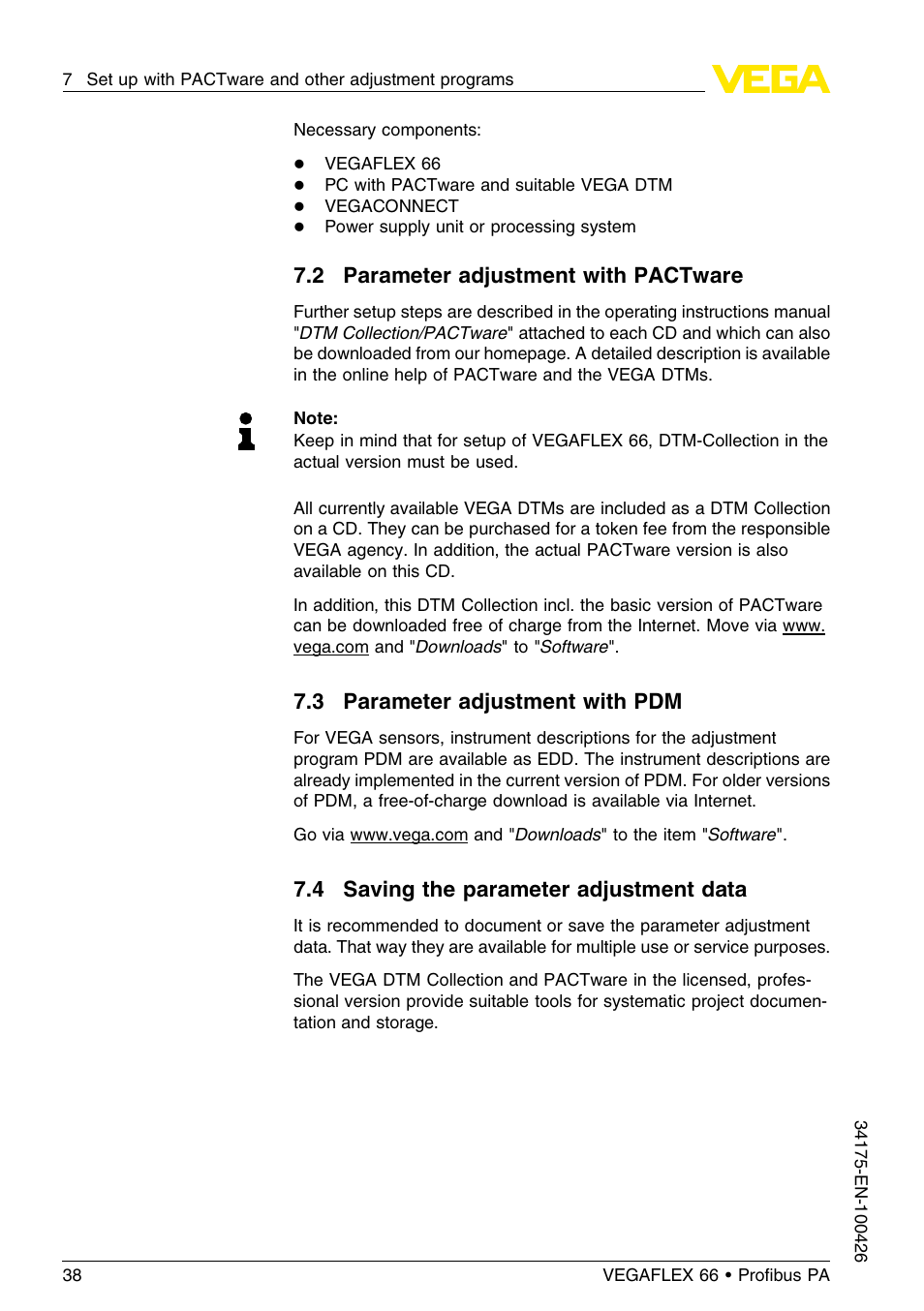 2 parameter adjustment with pactware, 3 parameter adjustment with pdm, 4 saving the parameter adjustment data | VEGA VEGAFLEX 66 (-200…+400°C) Profibus PA User Manual | Page 38 / 68