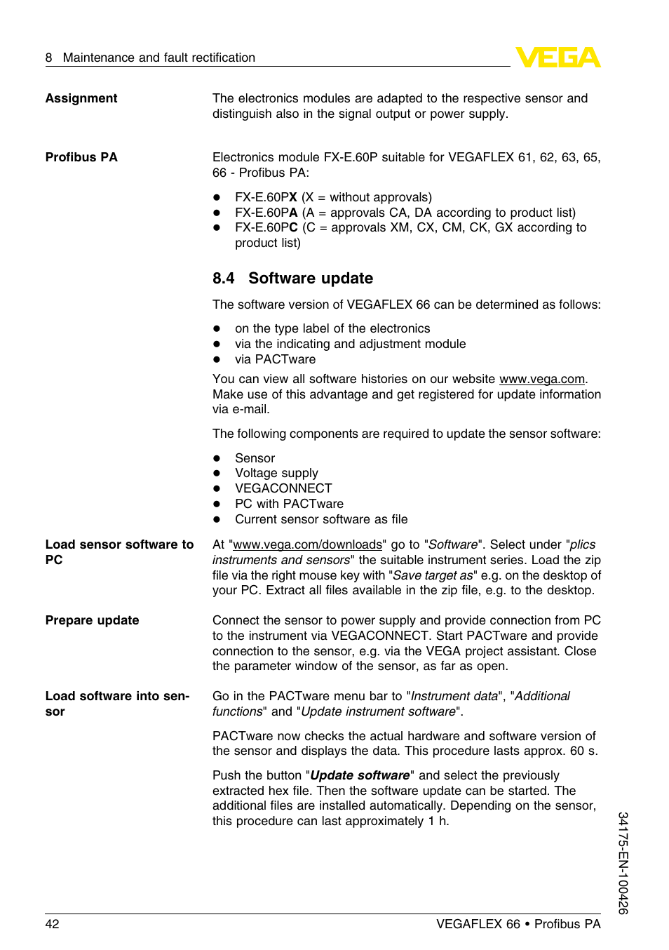 4 software update | VEGA VEGAFLEX 66 (-200…+400°C) Profibus PA User Manual | Page 42 / 68