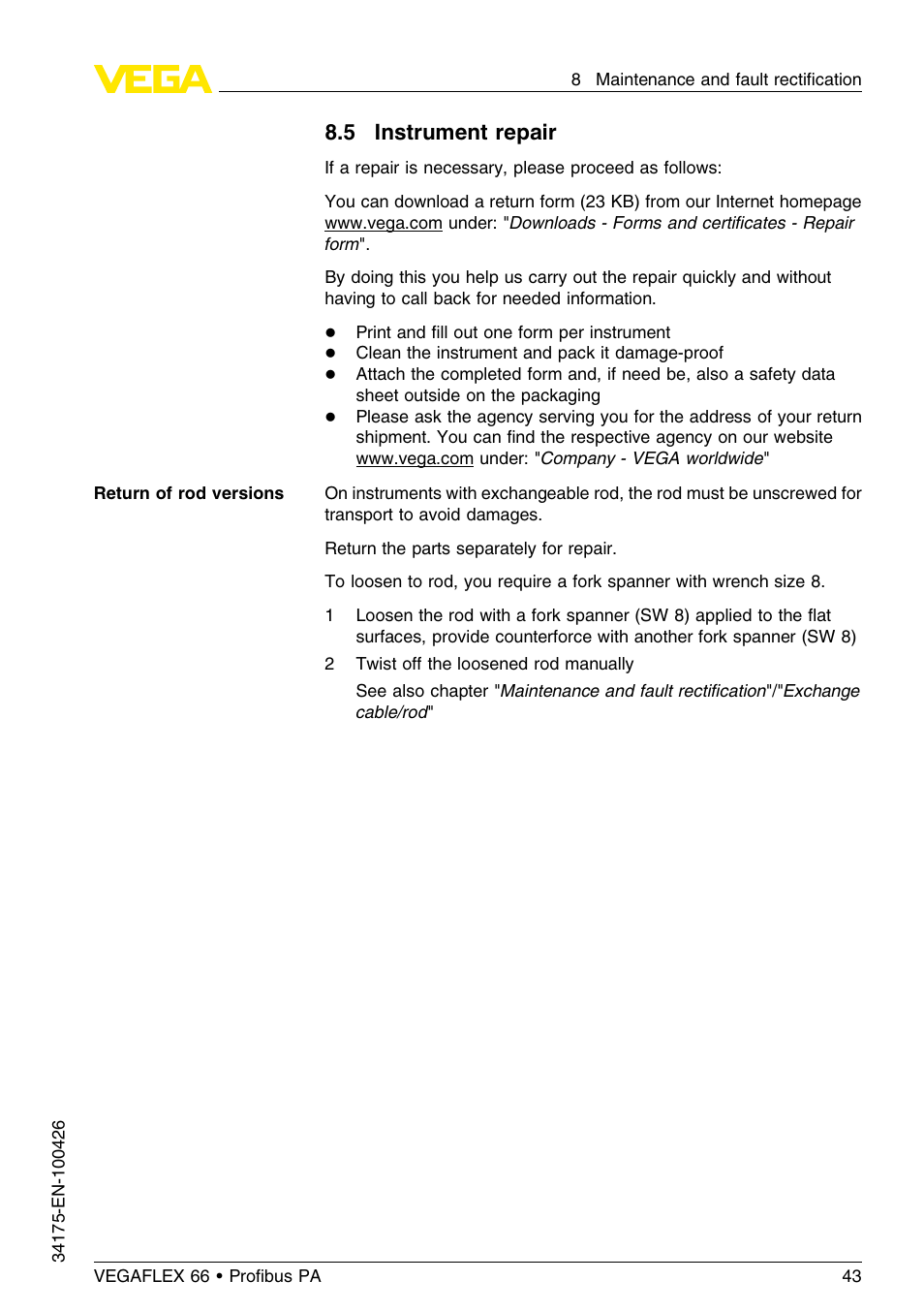 5 instrument repair | VEGA VEGAFLEX 66 (-200…+400°C) Profibus PA User Manual | Page 43 / 68