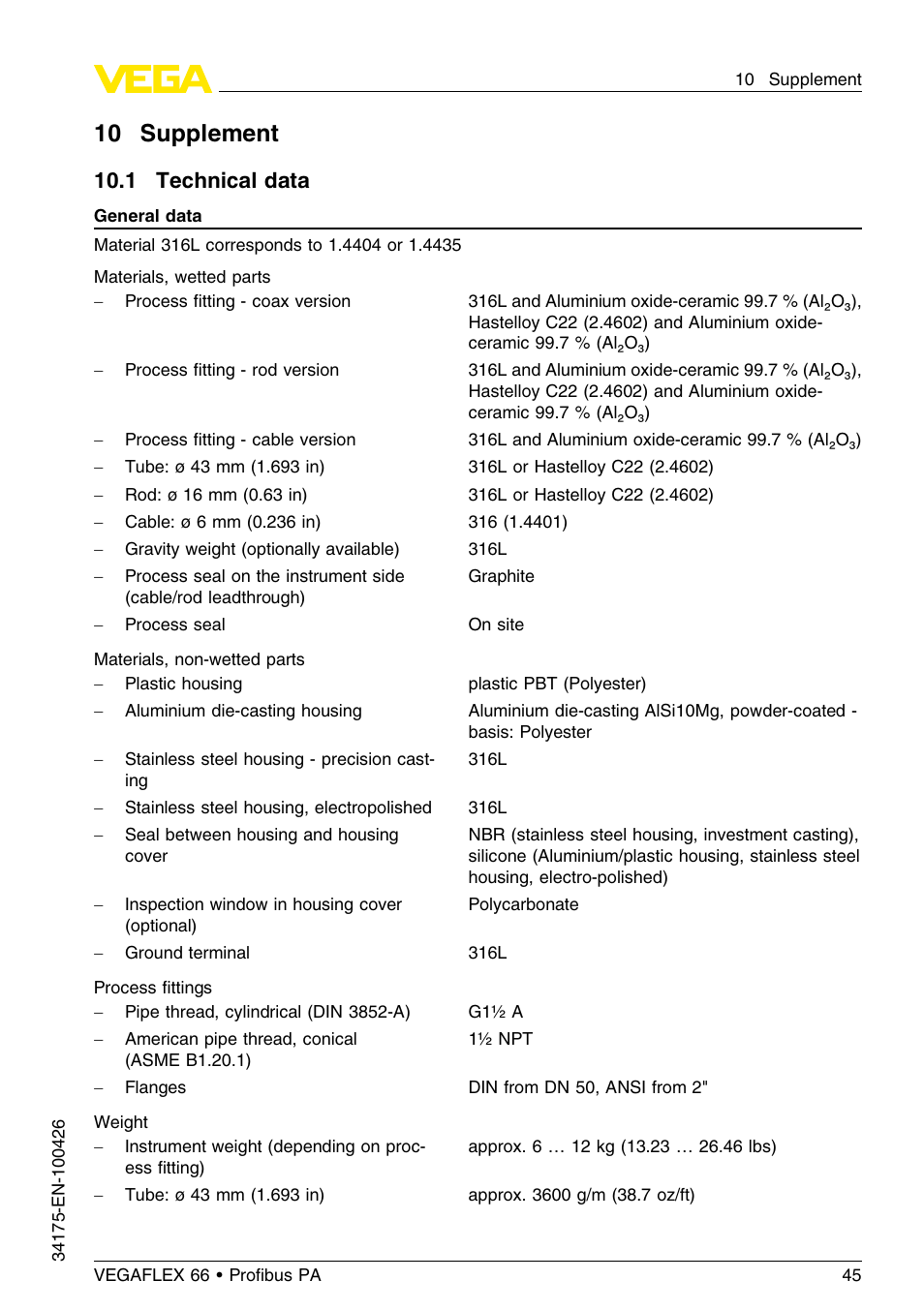 10 supplement, 1 technical data | VEGA VEGAFLEX 66 (-200…+400°C) Profibus PA User Manual | Page 45 / 68