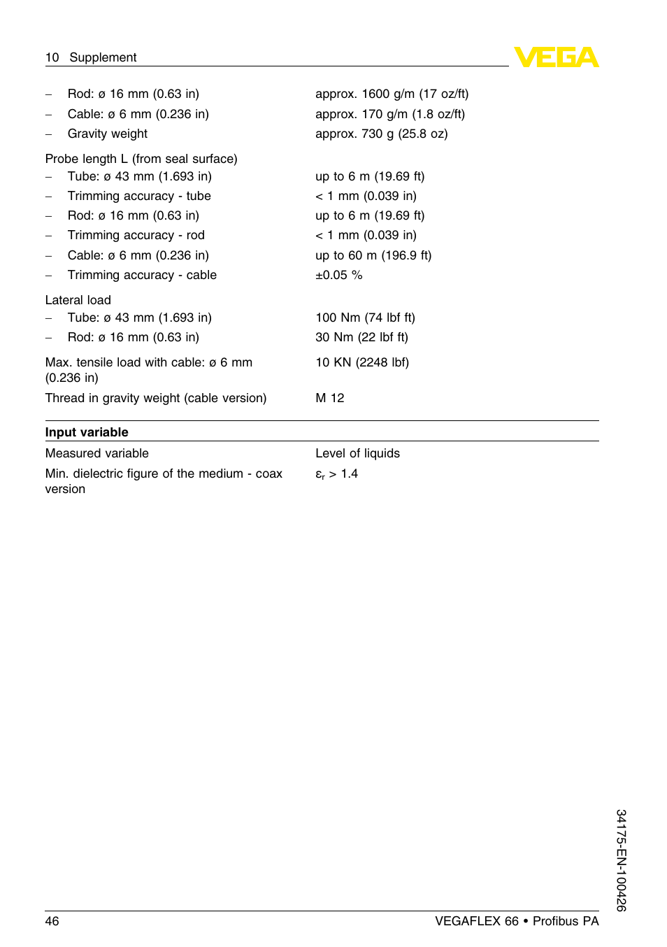 VEGA VEGAFLEX 66 (-200…+400°C) Profibus PA User Manual | Page 46 / 68