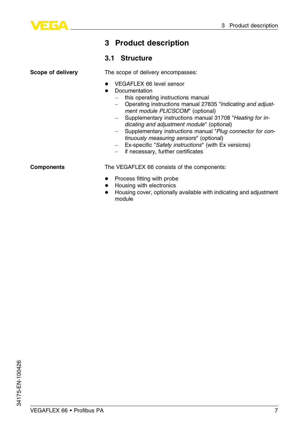 3 product description, 1 structure | VEGA VEGAFLEX 66 (-200…+400°C) Profibus PA User Manual | Page 7 / 68