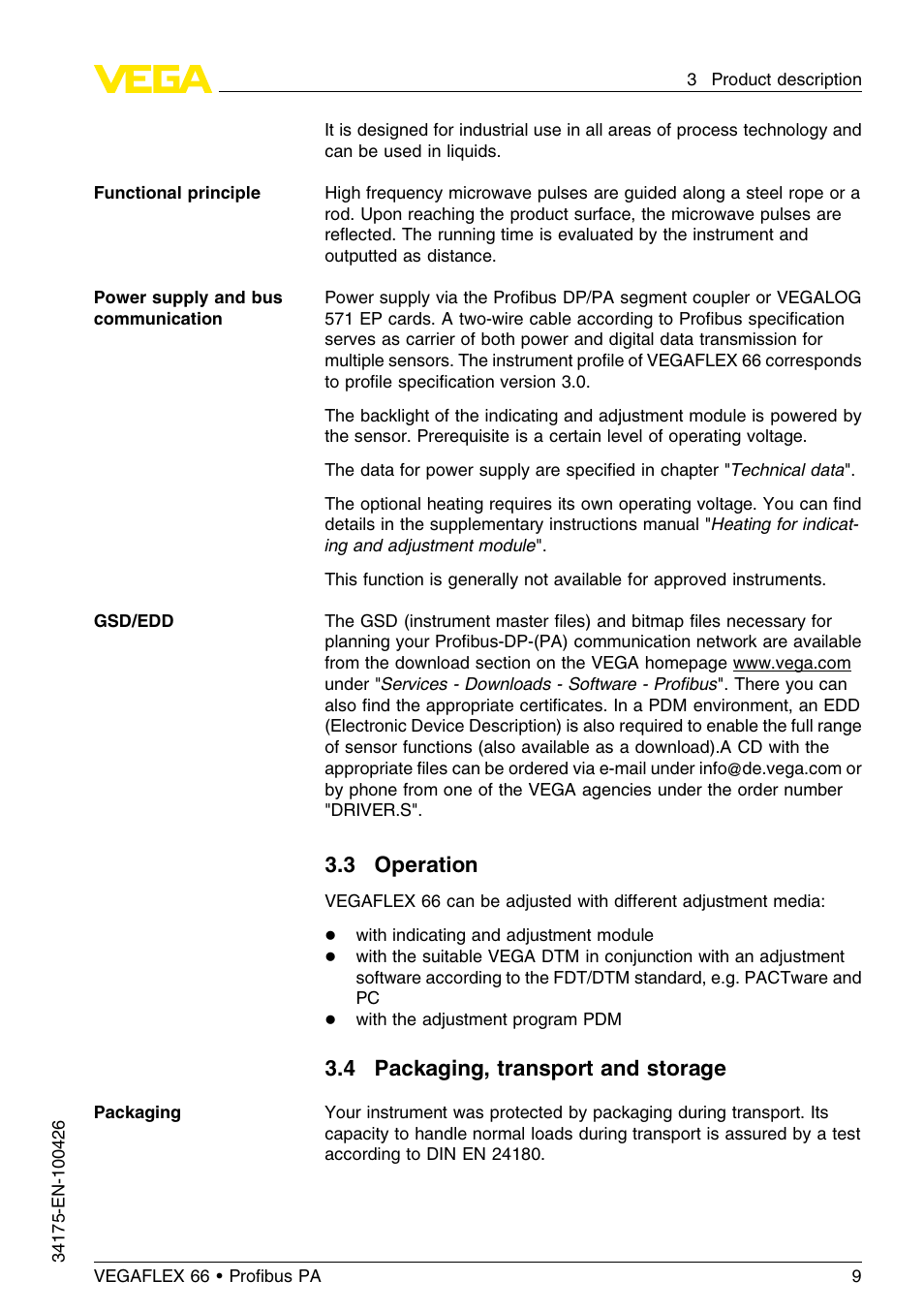 3 operation, 4 packaging, transport and storage | VEGA VEGAFLEX 66 (-200…+400°C) Profibus PA User Manual | Page 9 / 68