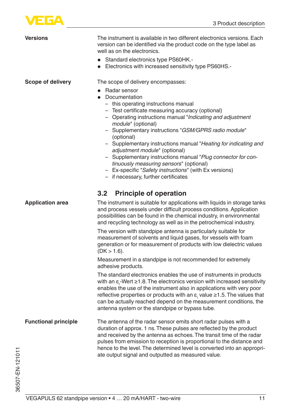 2 principle of operation | VEGA VEGAPULS 62 (≥ 2.0.0 - ≥ 4.0.0) standpipe ver. 4 … 20 mA_HART - two-wire User Manual | Page 11 / 64